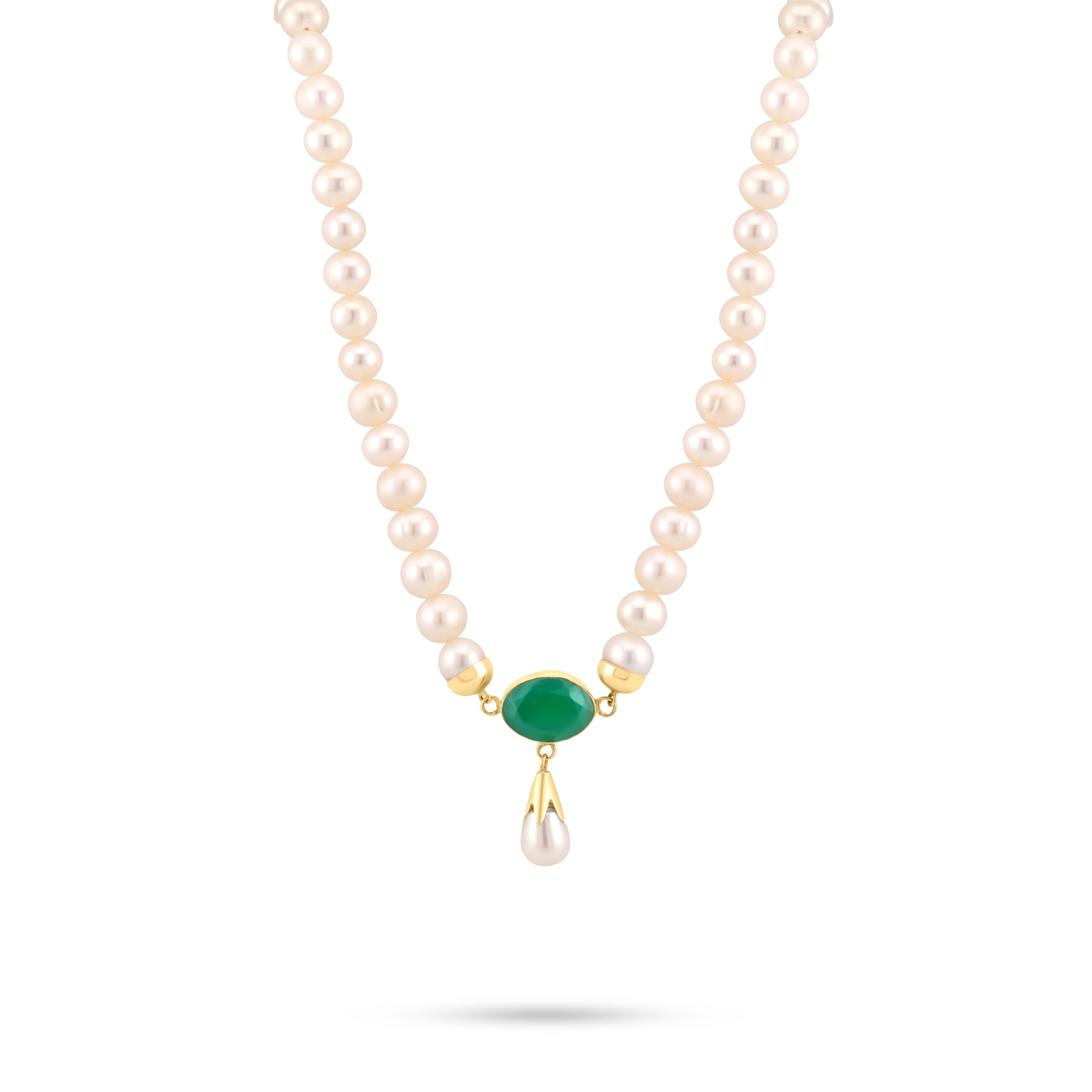 PEARL NECKLACE WITH GREEN ONYX AND DROP PEARL PENDANT